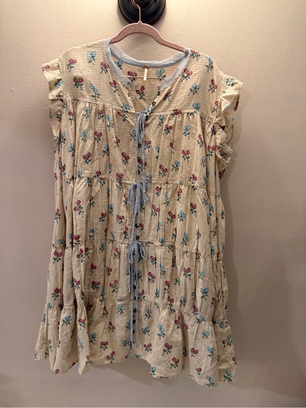 Free People Cream Floral Tiered Dress with Blue Trim and Ties